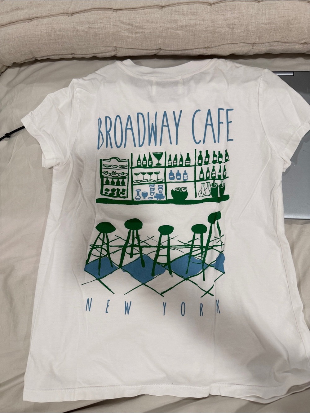 Sunny Somewhere White Tee with Blue and Green Broadway Cafe Print